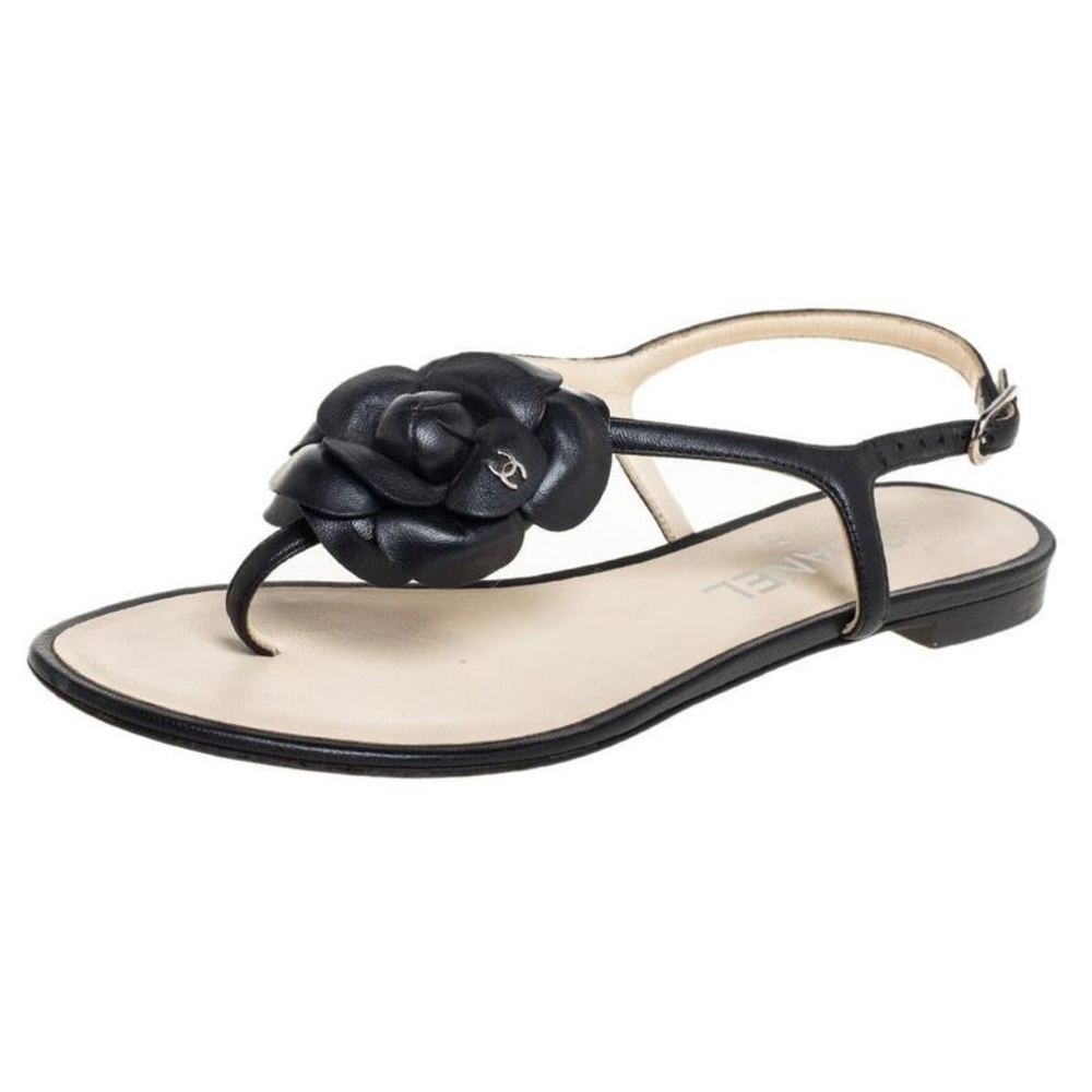 Chanel black beige camellia T-strap sandals 38C
